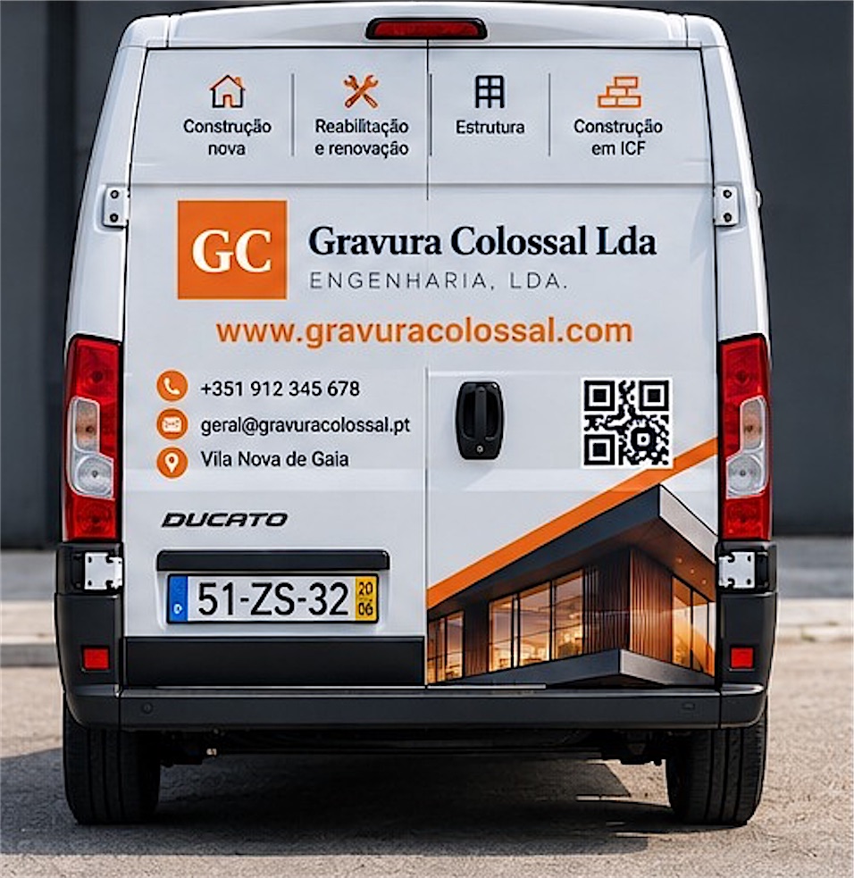 Traseira da carrinha da Gravura Colossal Engenharia, com os contactos e o código QR para o site.